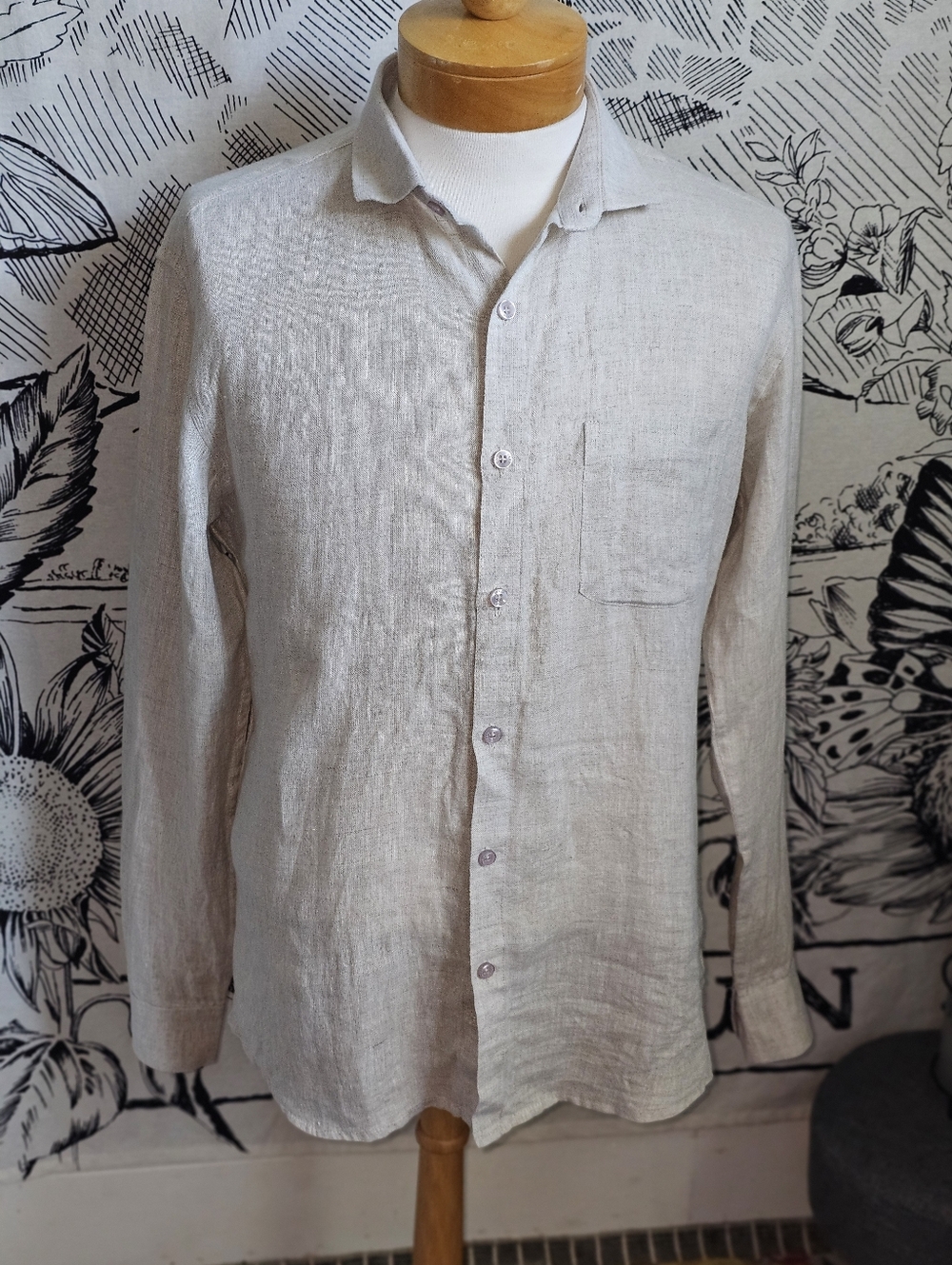 CRAZE Men's Long-Sleeve 100% Linen Button-Up Shirt - Light Beige